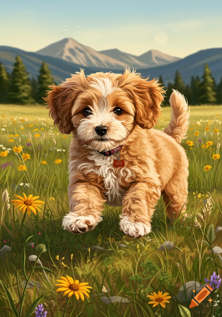 A cute fluffy brown and white puppy stands in a vibrant green meadow filled with yellow flowers, with mountains in the background.
