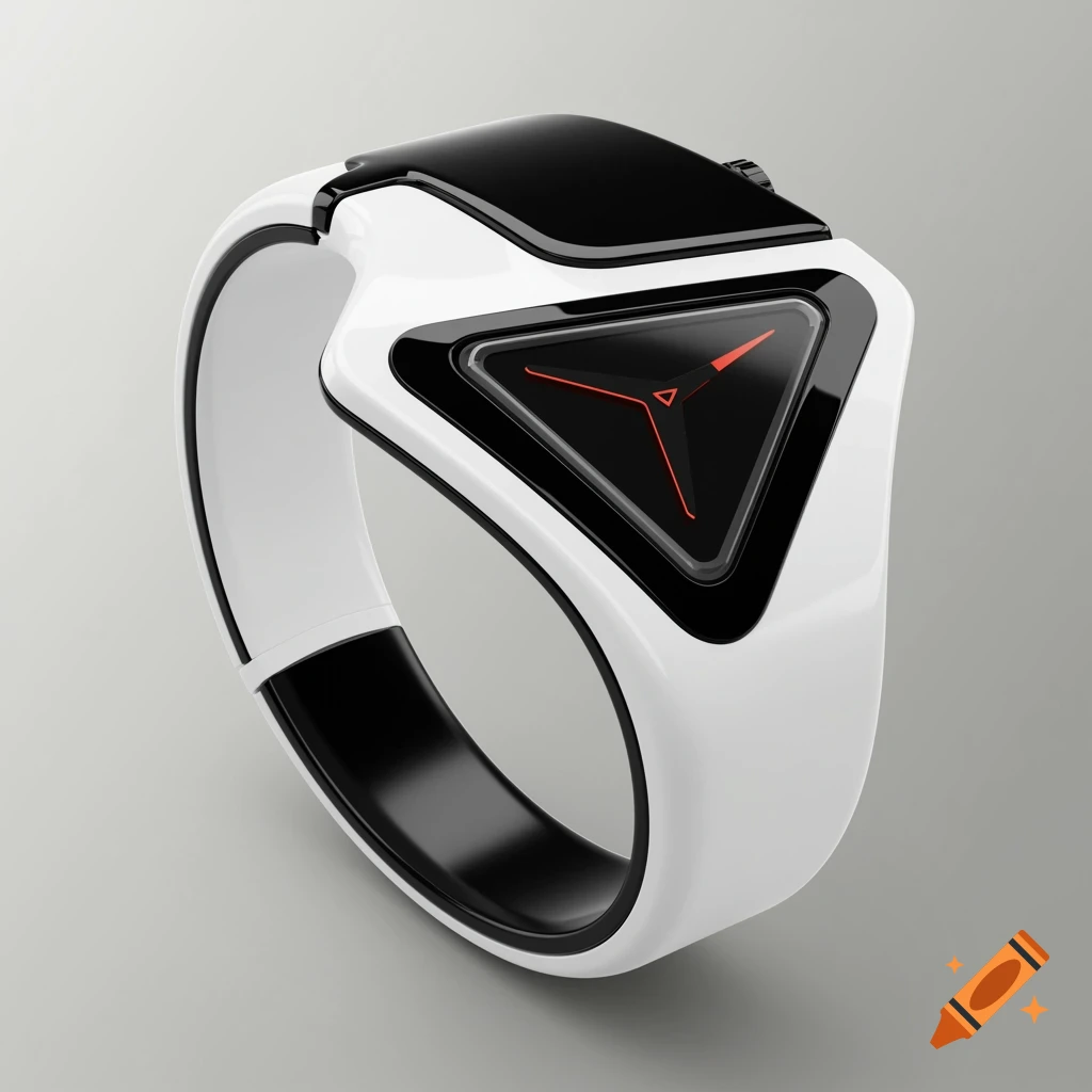 A black and white futuristic bracelet-like watch with a triangular face and red hands, shown on a grey background.