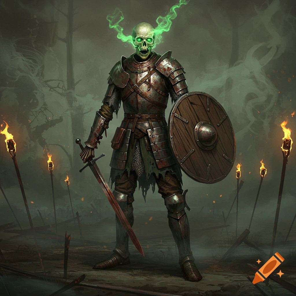 A skeletal warrior in rusted plate armor with glowing green eyes and emanating green mist, holding a sword and shield, stands in a dark, torch-lit forest.
