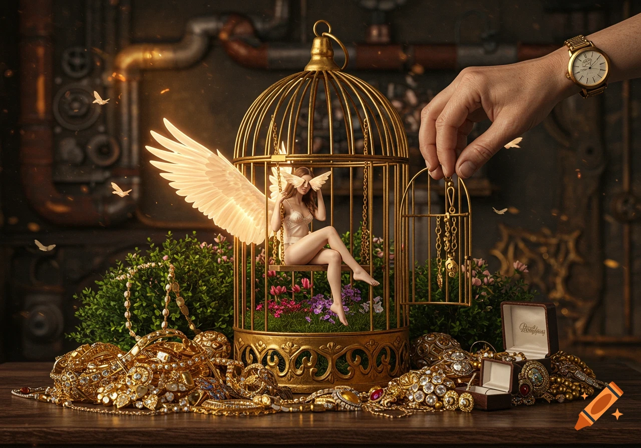 A winged woman sits on a swing inside a golden birdcage surrounded by flowers and piles of gold jewelry. A hand opens the cage door in a steampunk-style room.