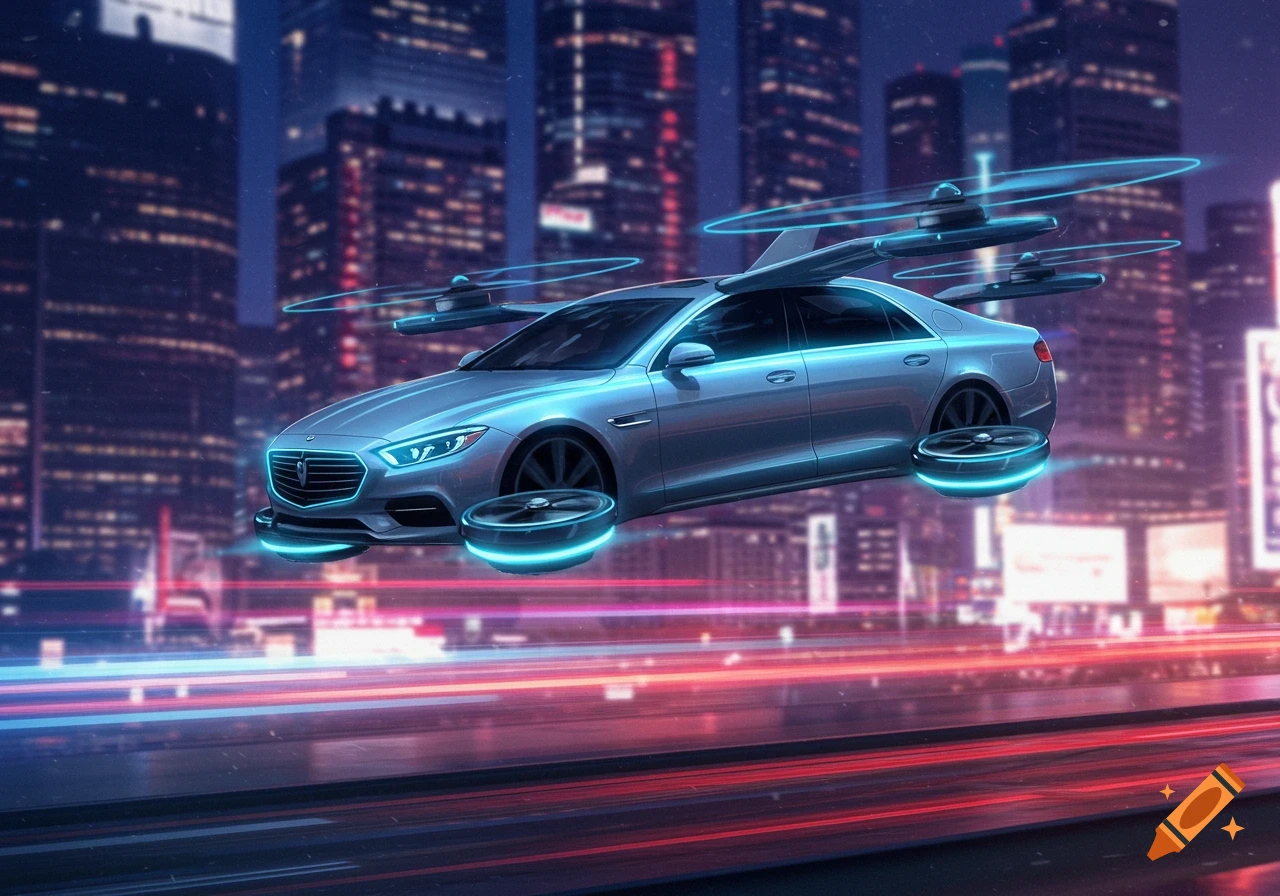 A futuristic silver flying car with glowing blue drone propellers hovers above a neon-lit city street at night, with tall buildings in the background.