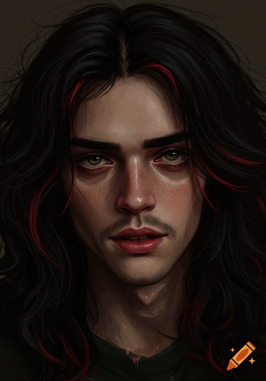 A digital painting portrait of a person with long black hair, red streaks, green eyes, freckles, and a mustache.