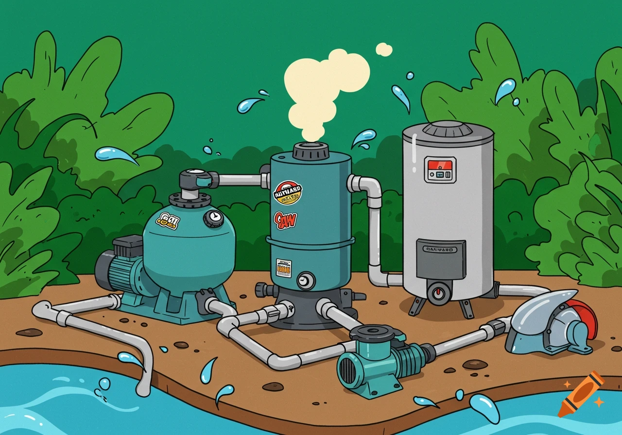 Cartoon illustration of a pool equipment pad with a filter pump, filter, gas heater, and water feature pump, surrounded by green foliage and water.