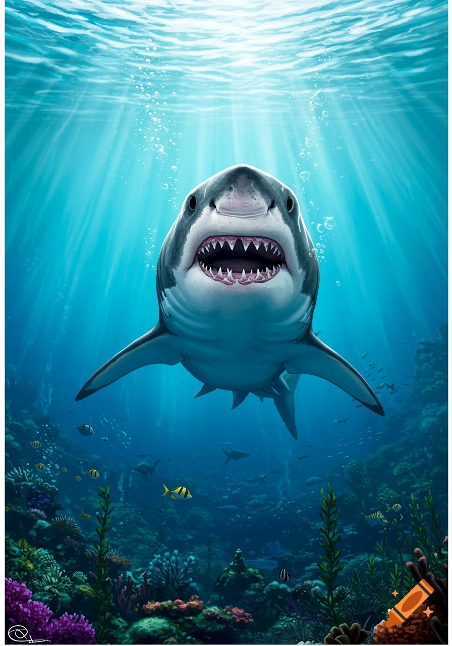 A great white shark with its mouth open and teeth showing swims head-on in a detailed underwater illustration with sunlight rays and a coral reef.