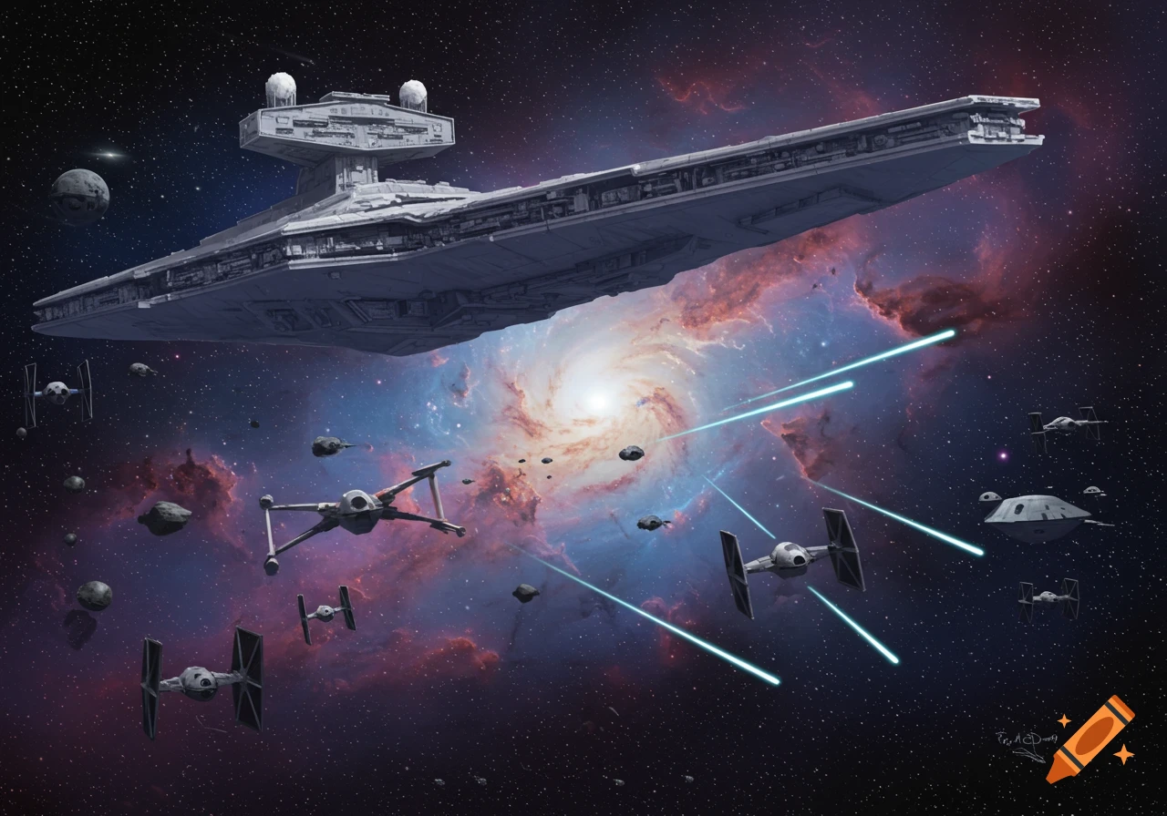 A large Star Destroyer looms over a space battle with X-Wing and TIE fighters firing lasers amidst a vibrant galaxy nebula.