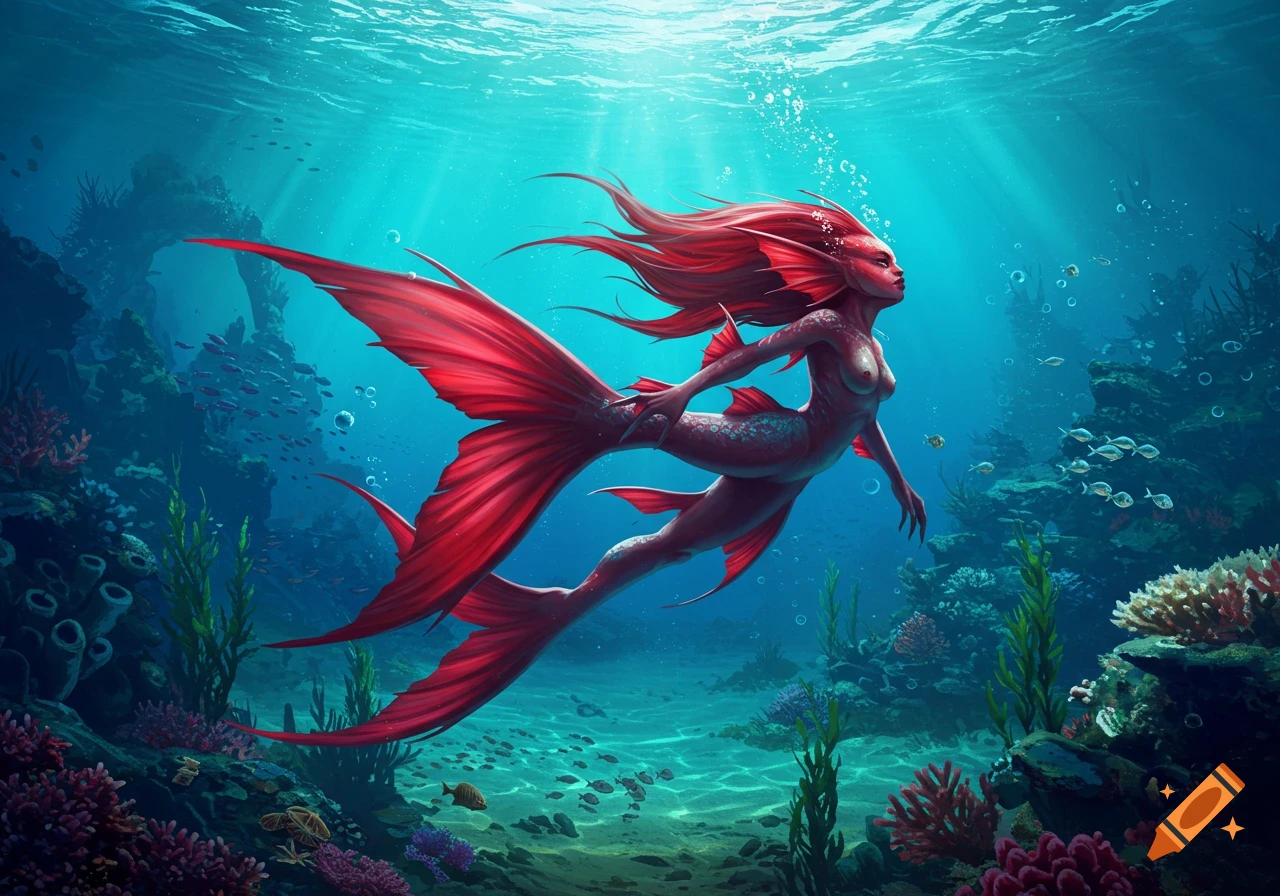 A majestic mermaid with flowing red hair and tail swims gracefully through a vibrant coral reef.