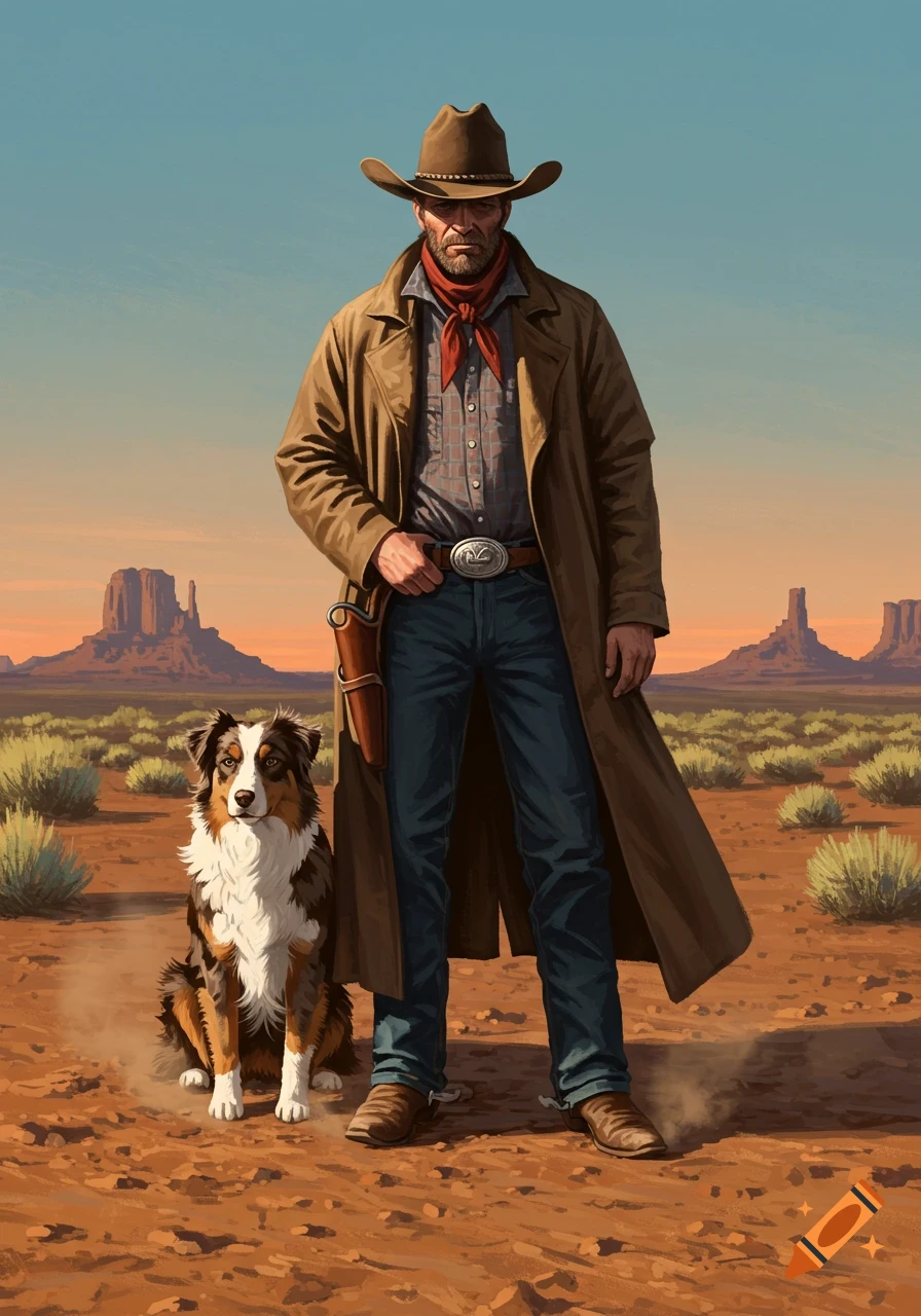A rugged cowboy stands with his dog in a detailed desert landscape featuring mesas under a clear sky.