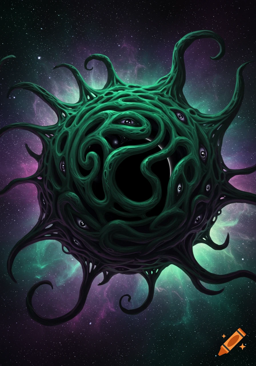 A bizarre green amorphous cosmic entity with multiple eyes and tentacles against a vibrant purple and green starry nebula background.