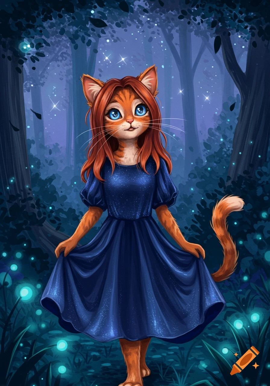 A whimsical illustration of an orange cat girl with red hair and blue eyes, wearing a blue dress, standing in a magical forest with glowing lights.