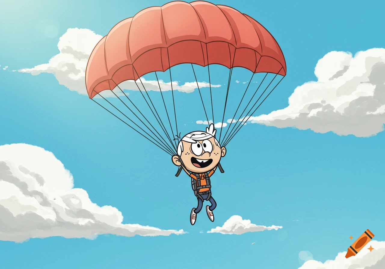 Lincoln Loud from The Loud House skydiving with a red parachute and dark gray harness against a blue sky.