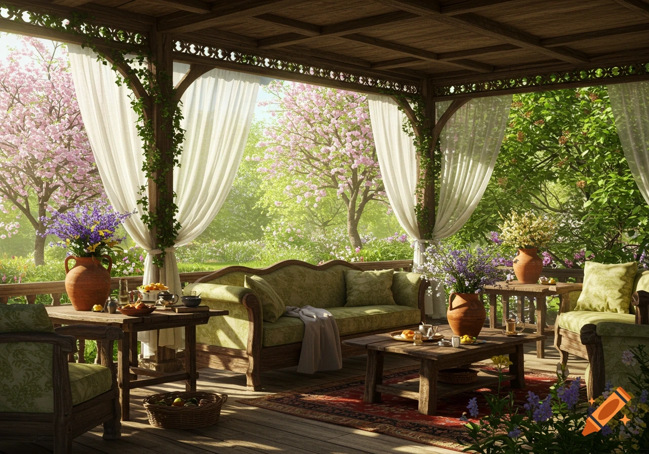 A sunlit, open-air wooden gazebo with rustic furniture and white curtains, overlooking a lush spring garden with blooming cherry trees.
