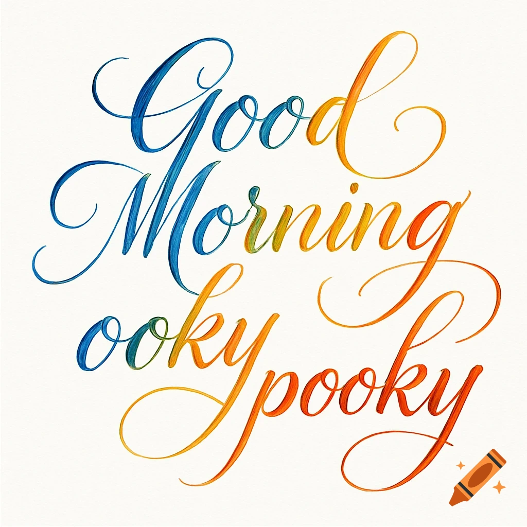 Colorful calligraphy spelling 'Good Morning ooky pooky' with a blue, green, and orange gradient on a white background.