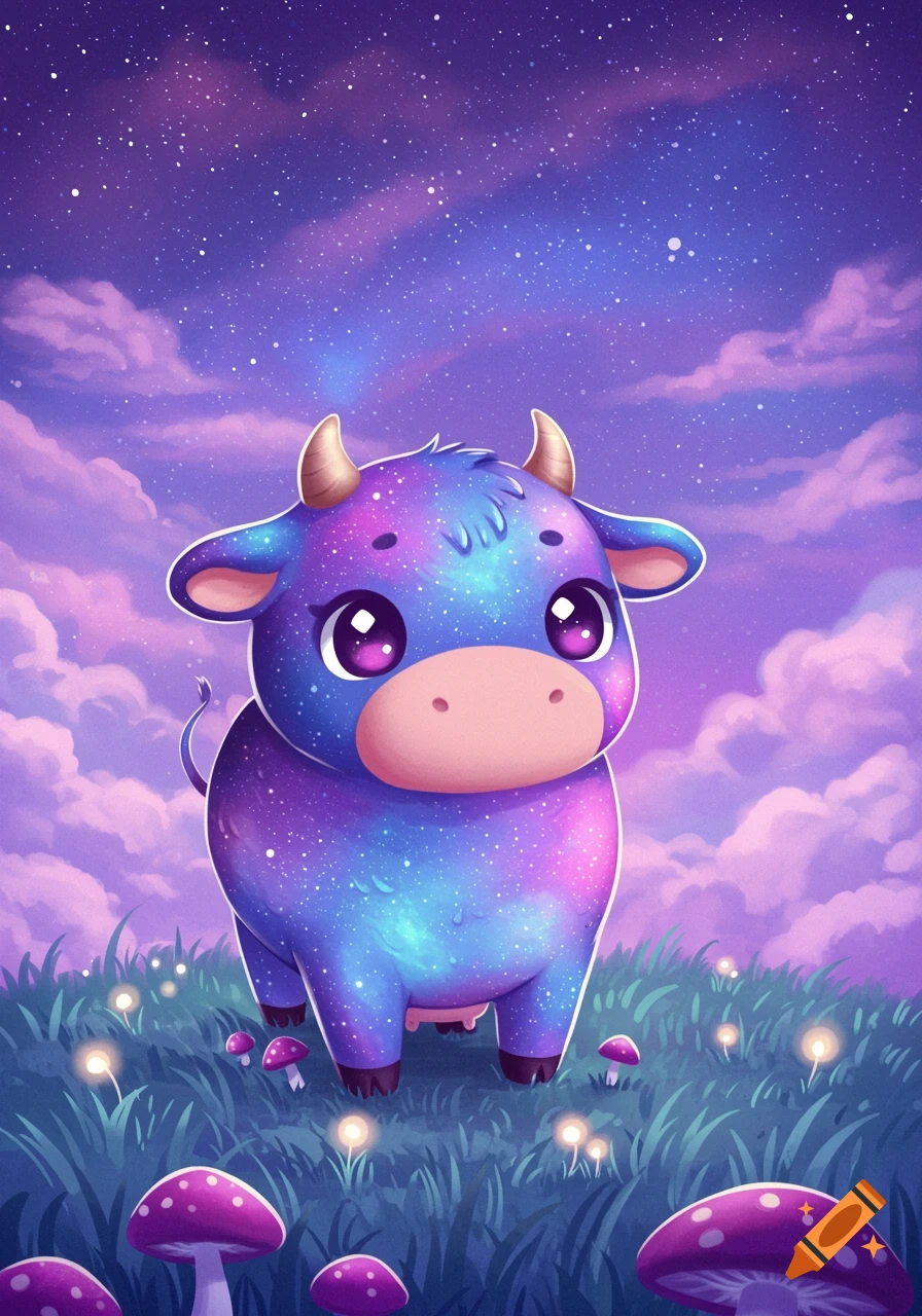 A cute galaxy-colored cow with big eyes stands in a field of glowing mushrooms under a purple starry sky.