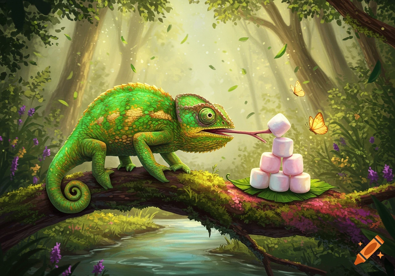 A vibrant green chameleon with a long tongue reaching for a stack of marshmallows on a leaf, set in a sunny forest with butterflies.