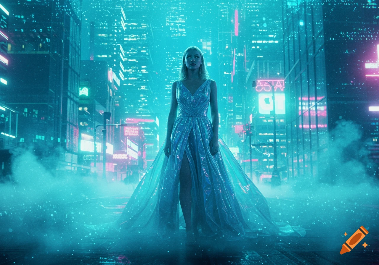 Woman in a shimmering blue gown stands in a misty, neon-lit cyberpunk city at night.