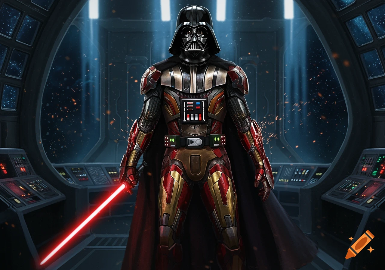 A crossover character resembling Darth Vader in red and gold Iron Man armor, holding a red lightsaber on a spaceship bridge.
