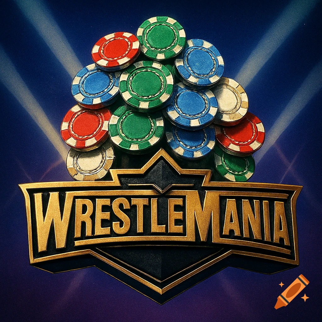 A gold and black Wrestlemania logo topped with a pile of colorful poker chips, against a blue spotlight background.