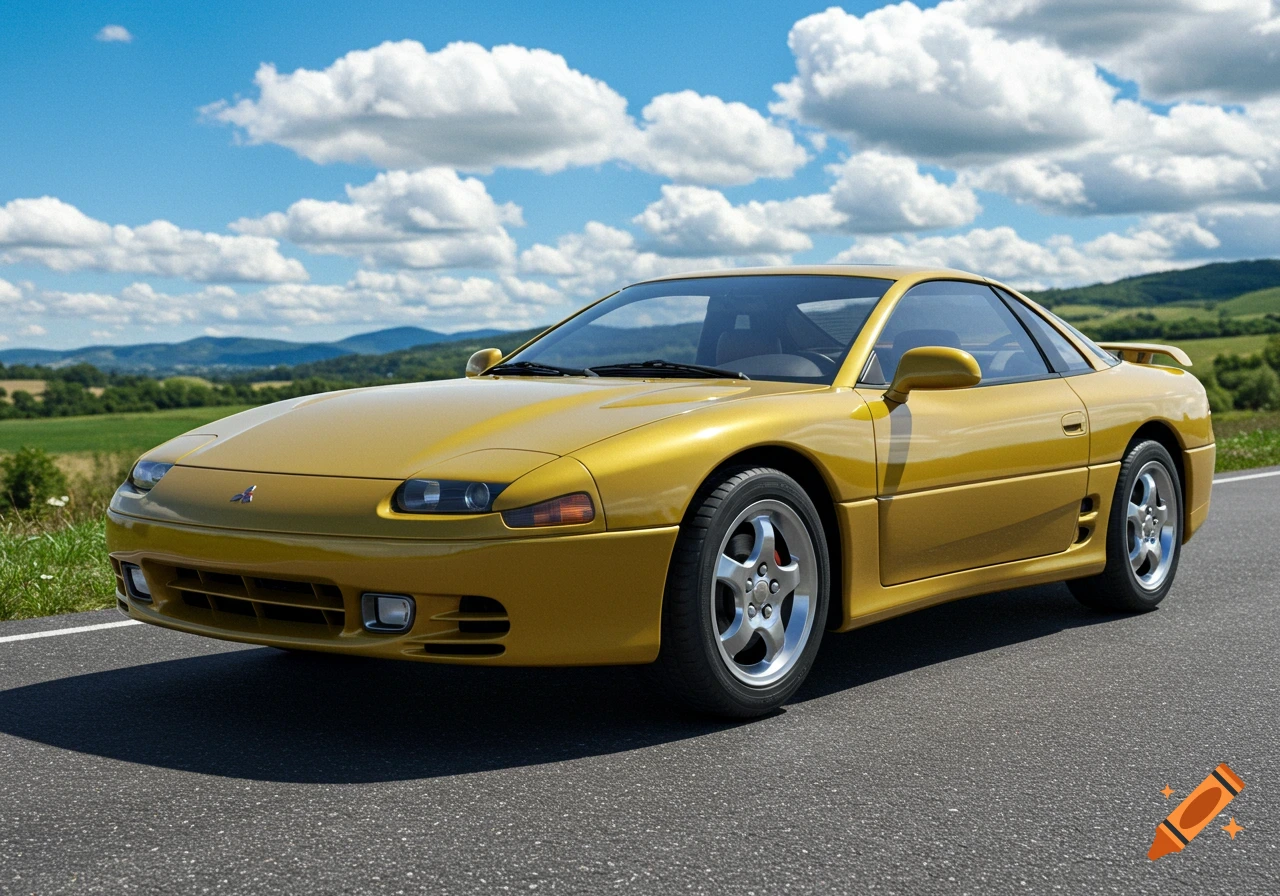 A photorealistic yellow 1999 Mitsubishi 3000GT sports car on a road with a cloudy sky and green hills.