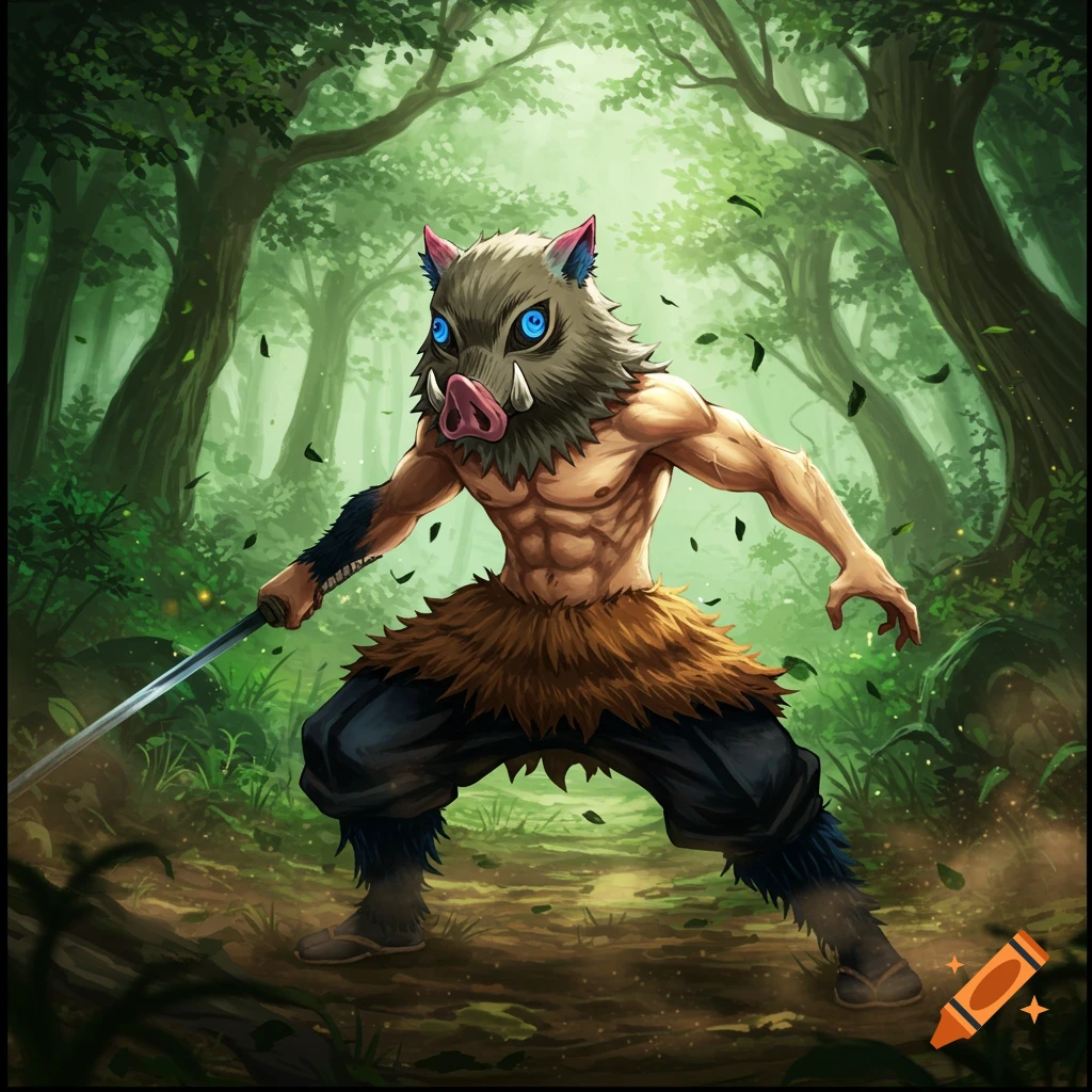 A shirtless man with a boar mask, dark pants, and fur skirt holds a sword in a lush forest.