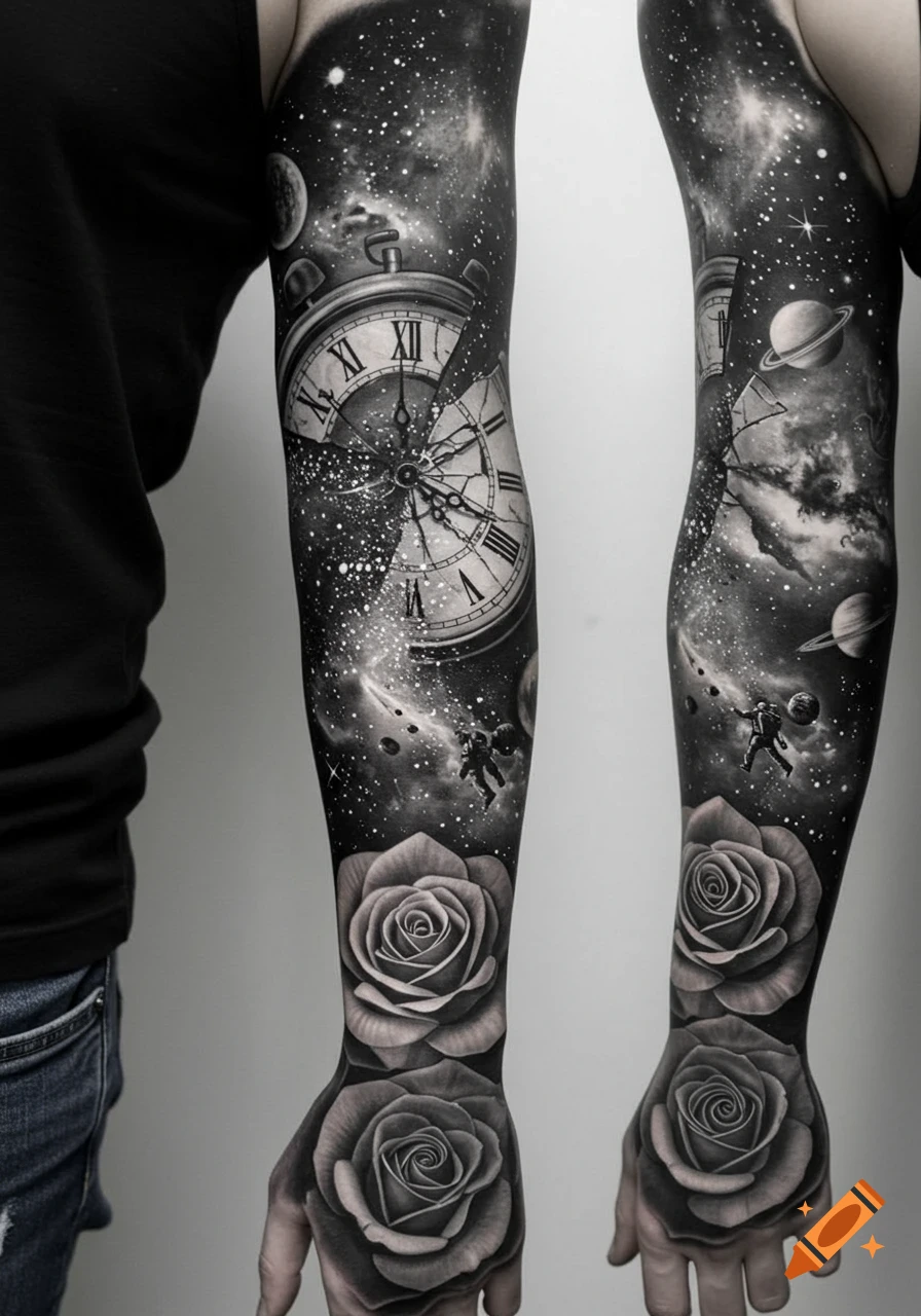 Black and white full sleeve tattoos on both arms, featuring a shattered clock face dissolving into a starry galaxy with an astronaut, and large detailed roses on the forearms and hands.
