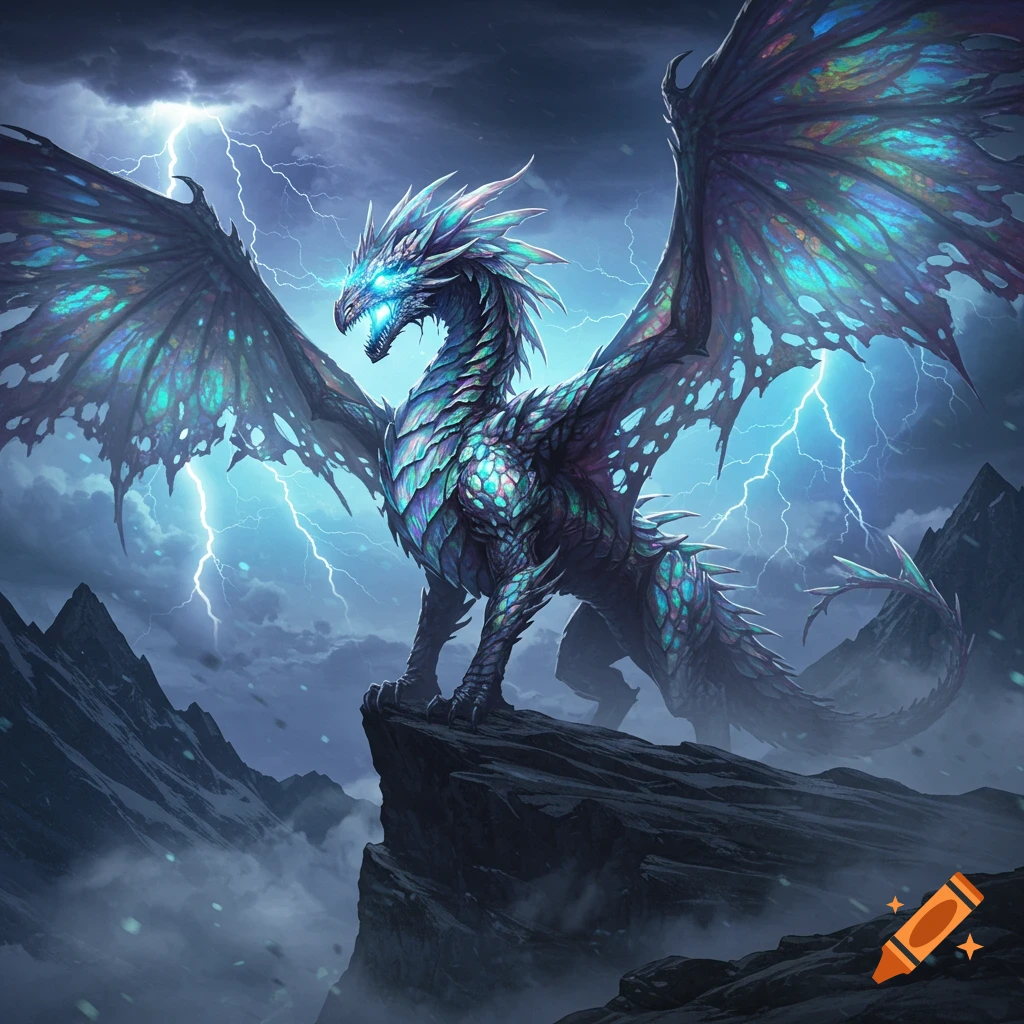 A majestic dragon with luminous blue eyes and iridescent scales perched on a mountain peak during a lightning storm.