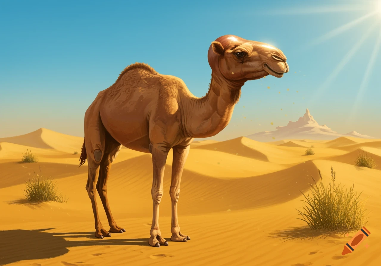 A camel with a smooth, rounded head stands in a bright desert landscape with sand dunes.