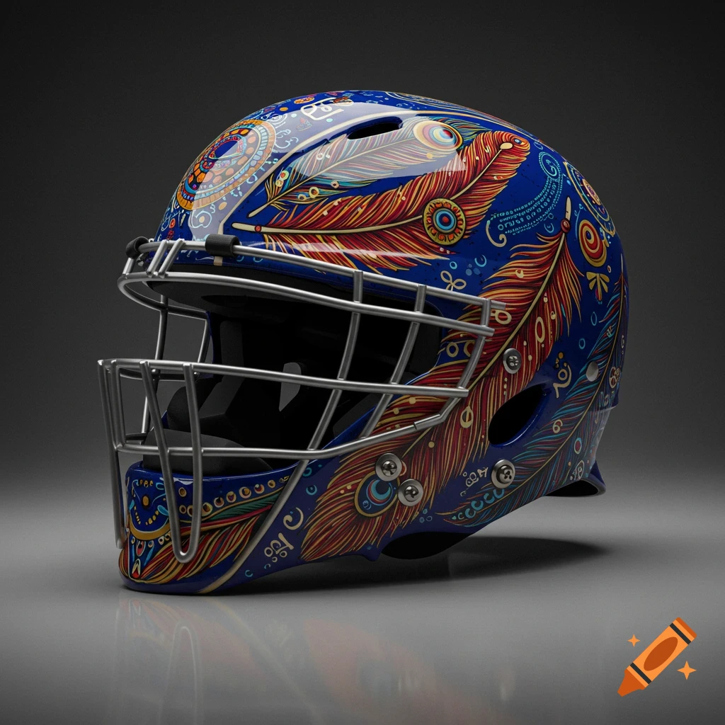 A close-up of a blue baseball catcher's helmet adorned with vibrant red, yellow, and blue feather and paisley patterns.