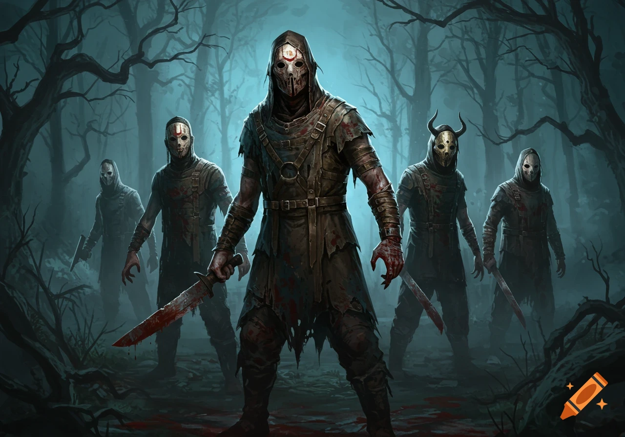 A group of masked, blood-stained figures with weapons stand in a dark, misty forest, digital painting style.