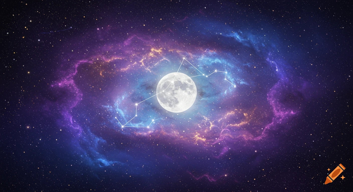 A vibrant galaxy scene with swirling purple and blue nebulae, golden accents, a luminous full moon, and a constellation of stars.