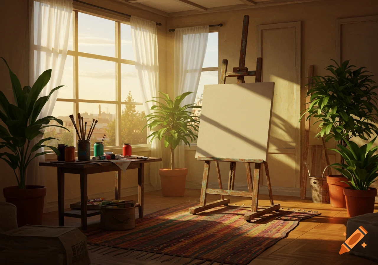 A sunlit artist's studio with an empty easel, a table holding painting supplies, and various potted plants by a large window.