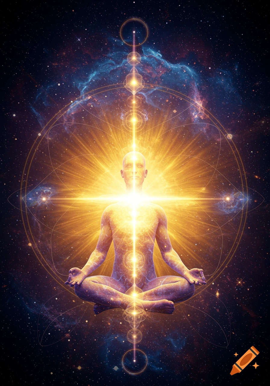A glowing human figure meditating in a lotus pose, surrounded by sacred geometry and cosmic galaxies. The figure emits a bright golden light.