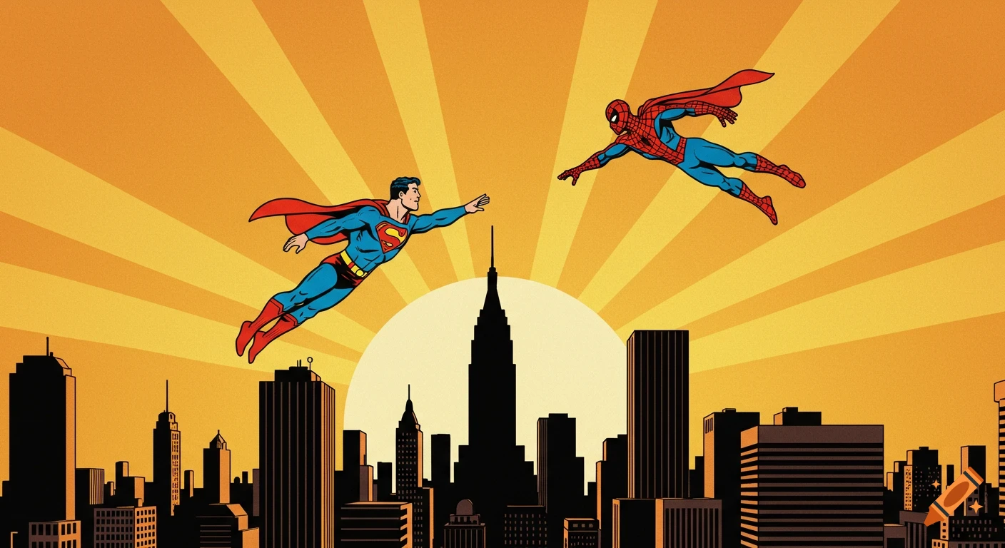 Superman and Spider-Man flying above a city skyline at sunset in a retro comic book style.