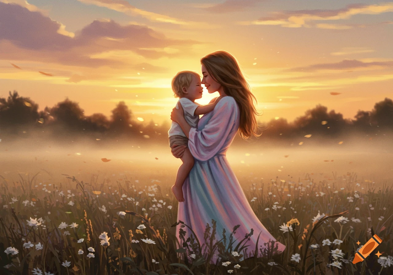 A mother tenderly holds her child in a sunlit field of flowers at sunset, in a digital painting style.