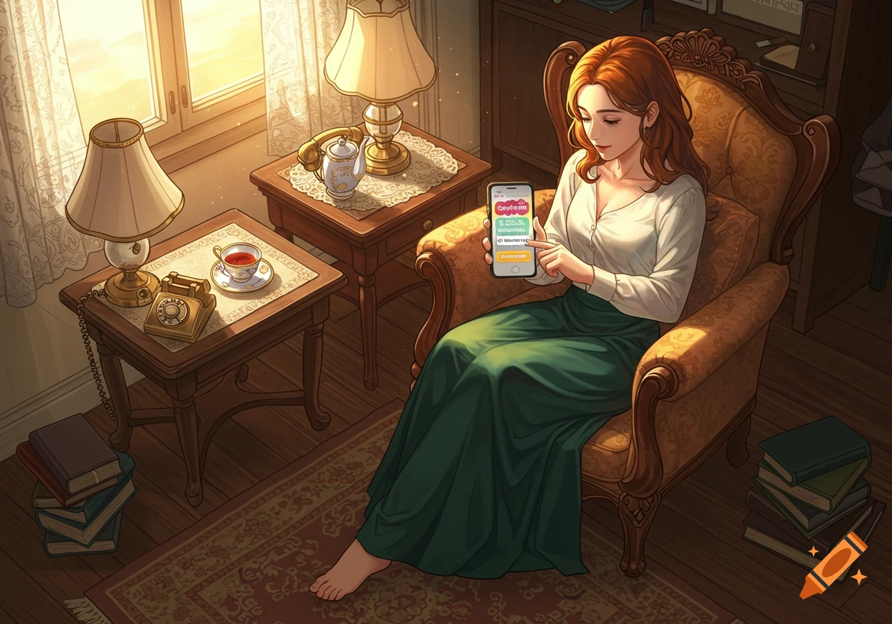 Anime style digital art of a woman with red hair in a green skirt sitting in an armchair, looking at her smartphone.