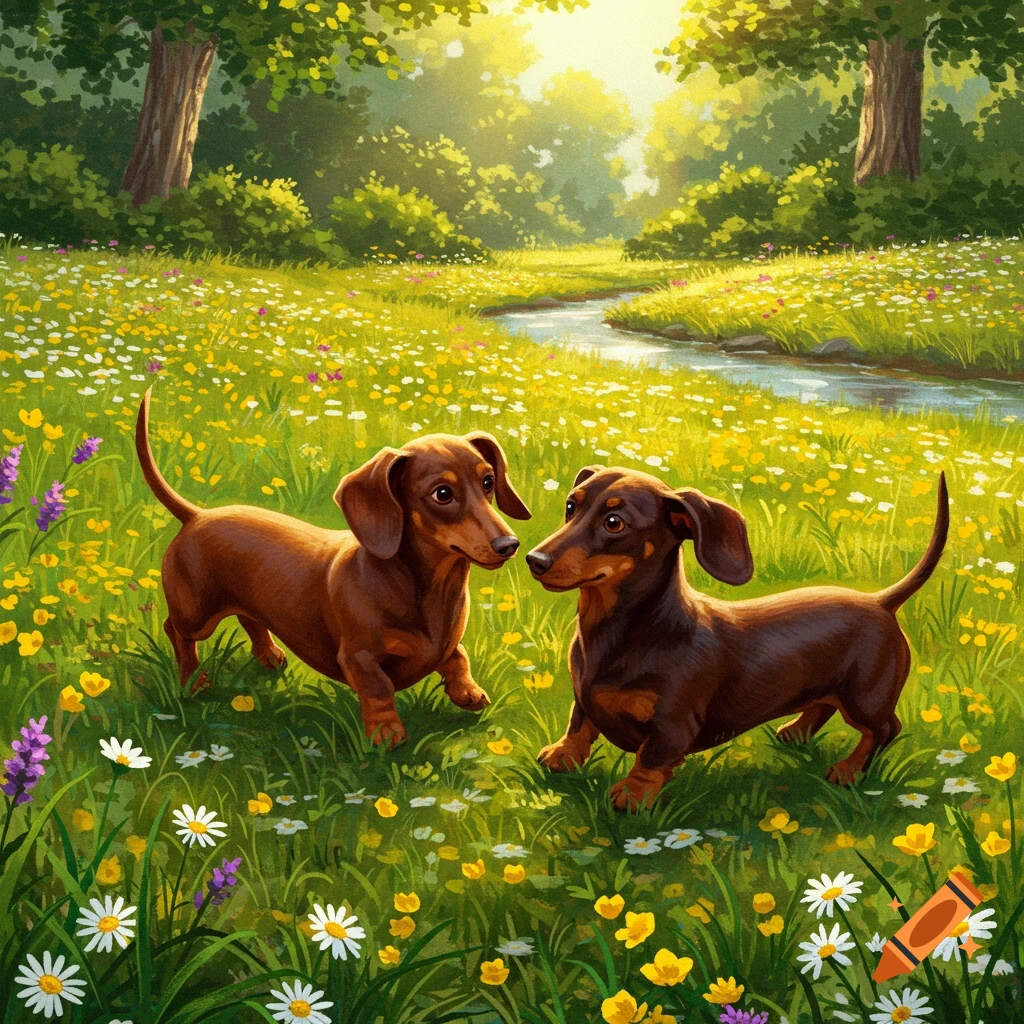 Two brown dachshunds stand in a vibrant, sunny meadow filled with colorful flowers, with a small stream and trees in the background, in a painterly style.