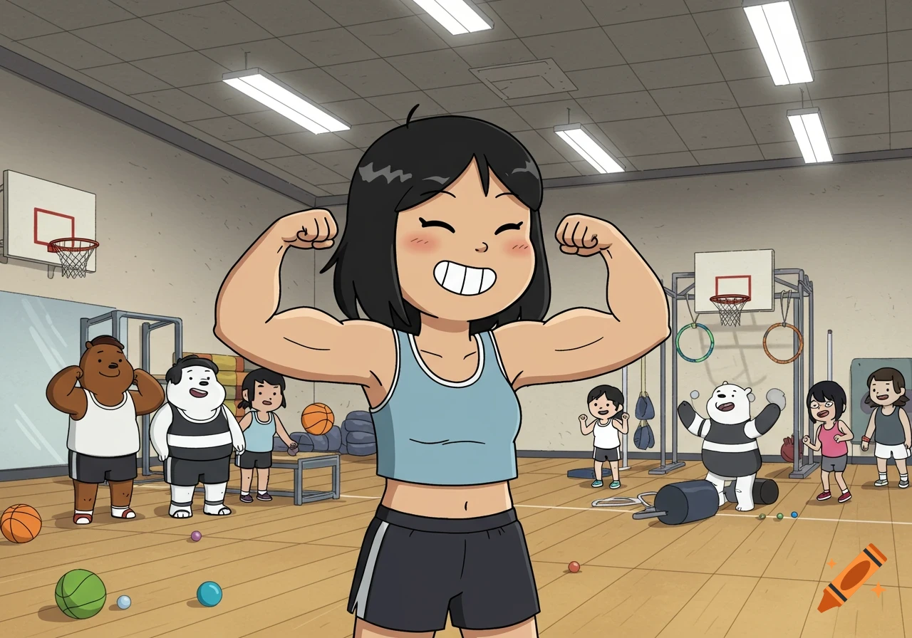 Chloe Park from We Bare Bears flexing her muscles in a college gym class, with other characters and gym equipment in the background.