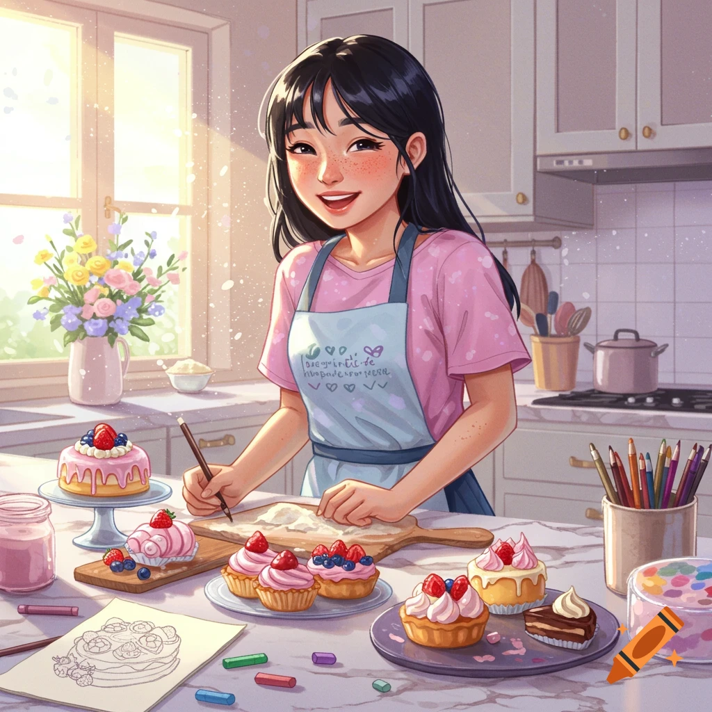 An anime illustration of a smiling girl with an apron decorating pastries in a sunlit kitchen, surrounded by cakes, cupcakes, and drawing materials.