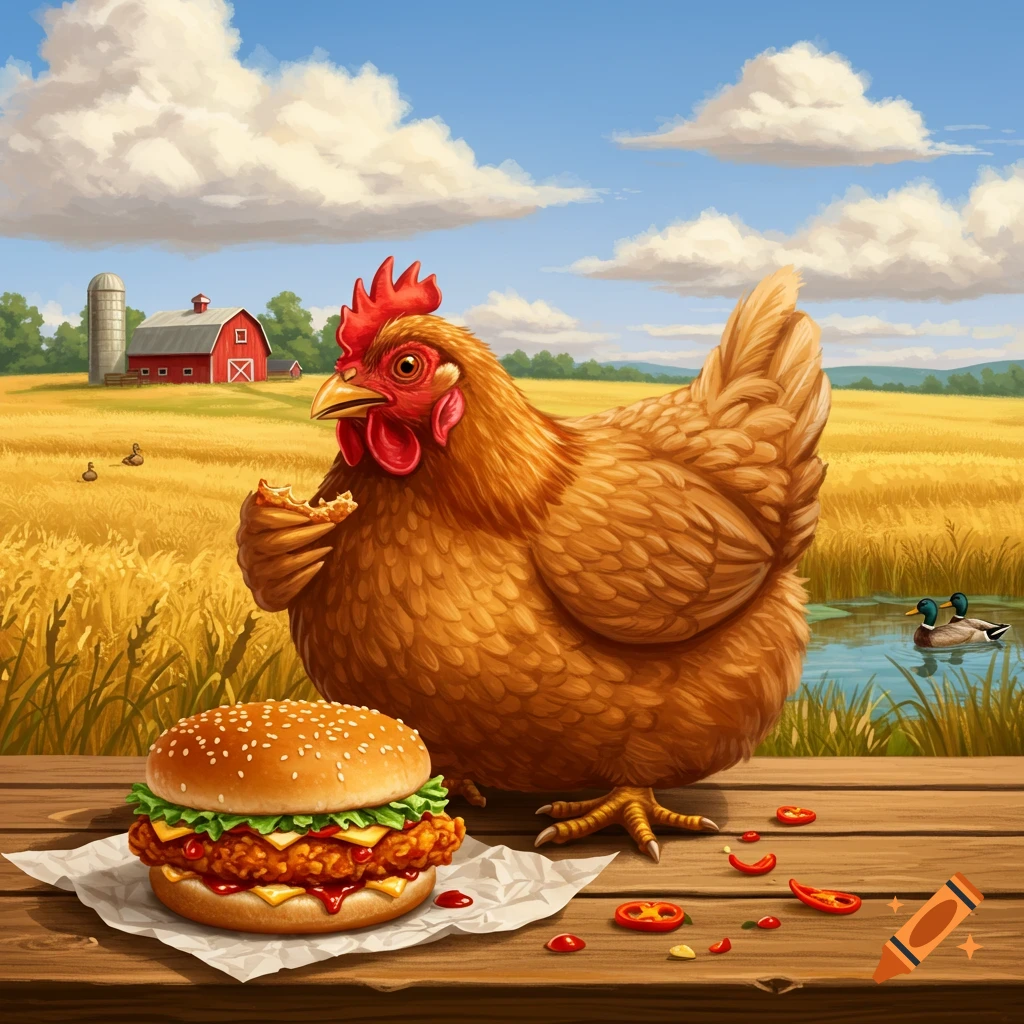 A large brown chicken sits on a wooden table, eating a spicy chicken sandwich, with a farm field, red barn, and ducks in a pond in the background. Digital illustration.