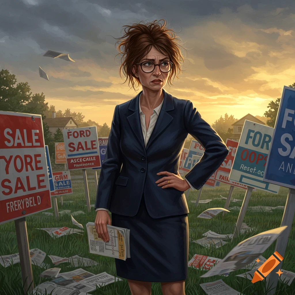 An exasperated real estate agent stands in a field filled with many sale signs and discarded newspapers under a dramatic sky, in an illustrated style.