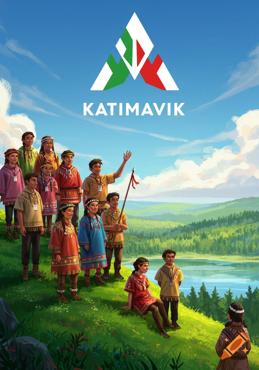 Digital illustration of young people in traditional attire on a hill overlooking a lake, with a 'KATIMAVIK' logo.