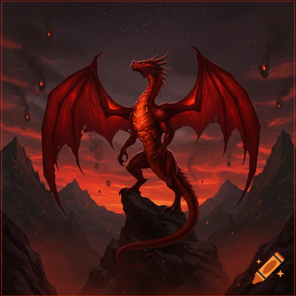 A large red dragon with glowing chest scales stands on a rock, looking up at a starry sky over a fiery, mountainous landscape.
