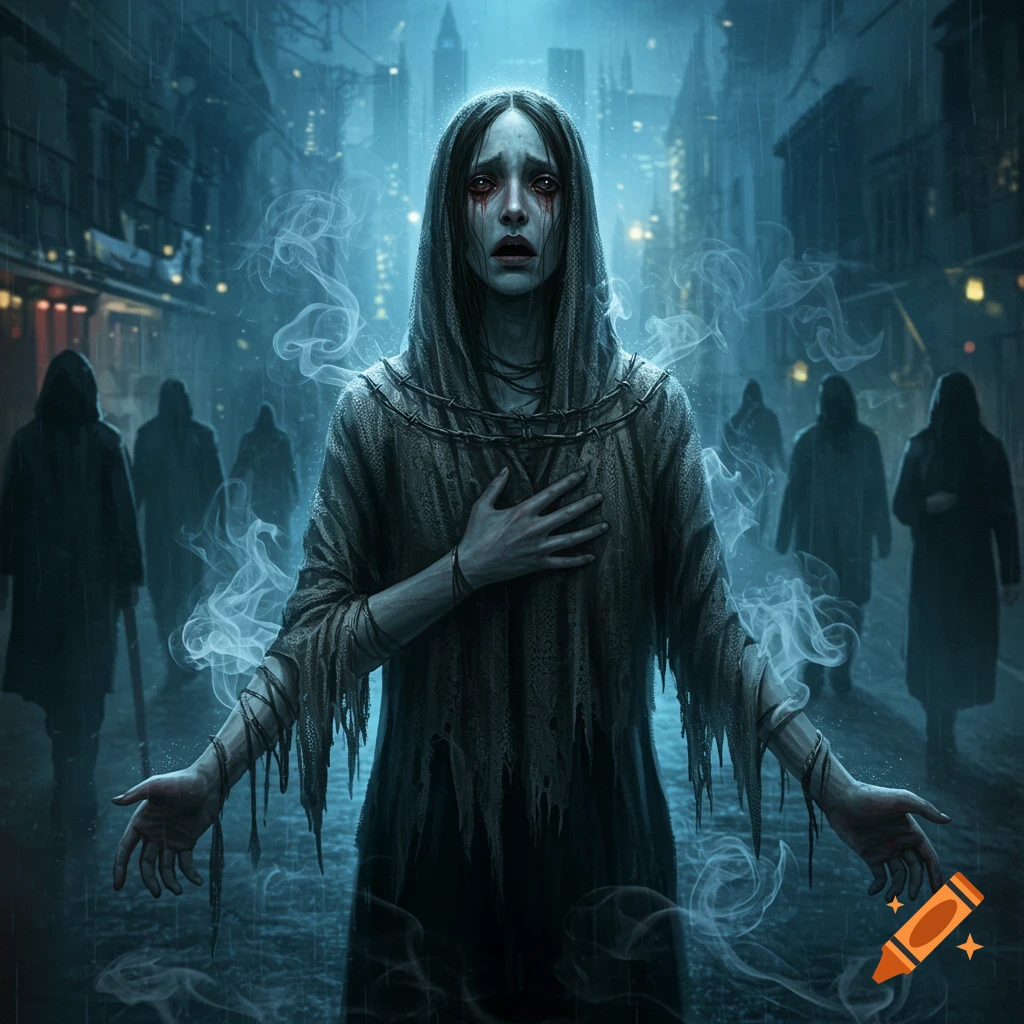 A crying woman with red-streaked eyes and barbed wire around her neck stands in a rainy, dark city street with shadowy figures in the background.