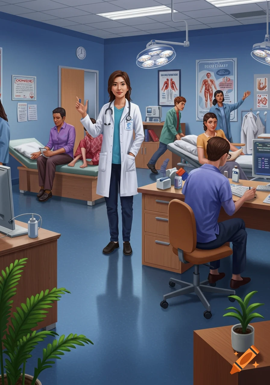 An illustration of a doctor in a white coat standing in a medical office, with several patients in the background.