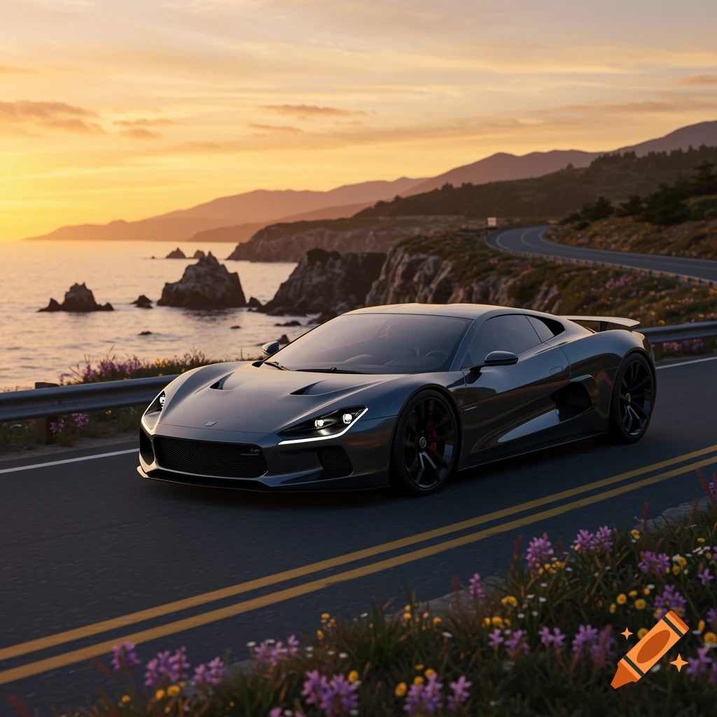 A dark grey sports car drives on a winding coastal road at sunset, with mountains and ocean in the background.