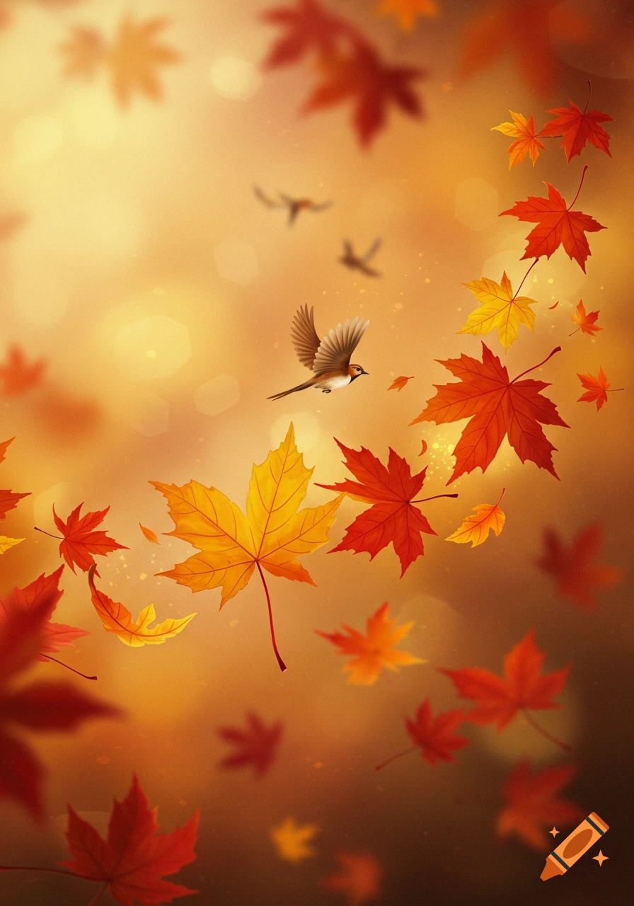Autumn maple leaves in shades of red and yellow fall and transform into small birds in flight against a warm, blurred background.