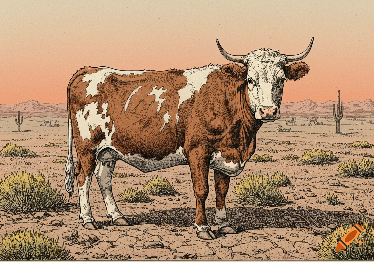 A brown and white horned cow stands in a vintage western drawing of a desert landscape with cacti and mountains.