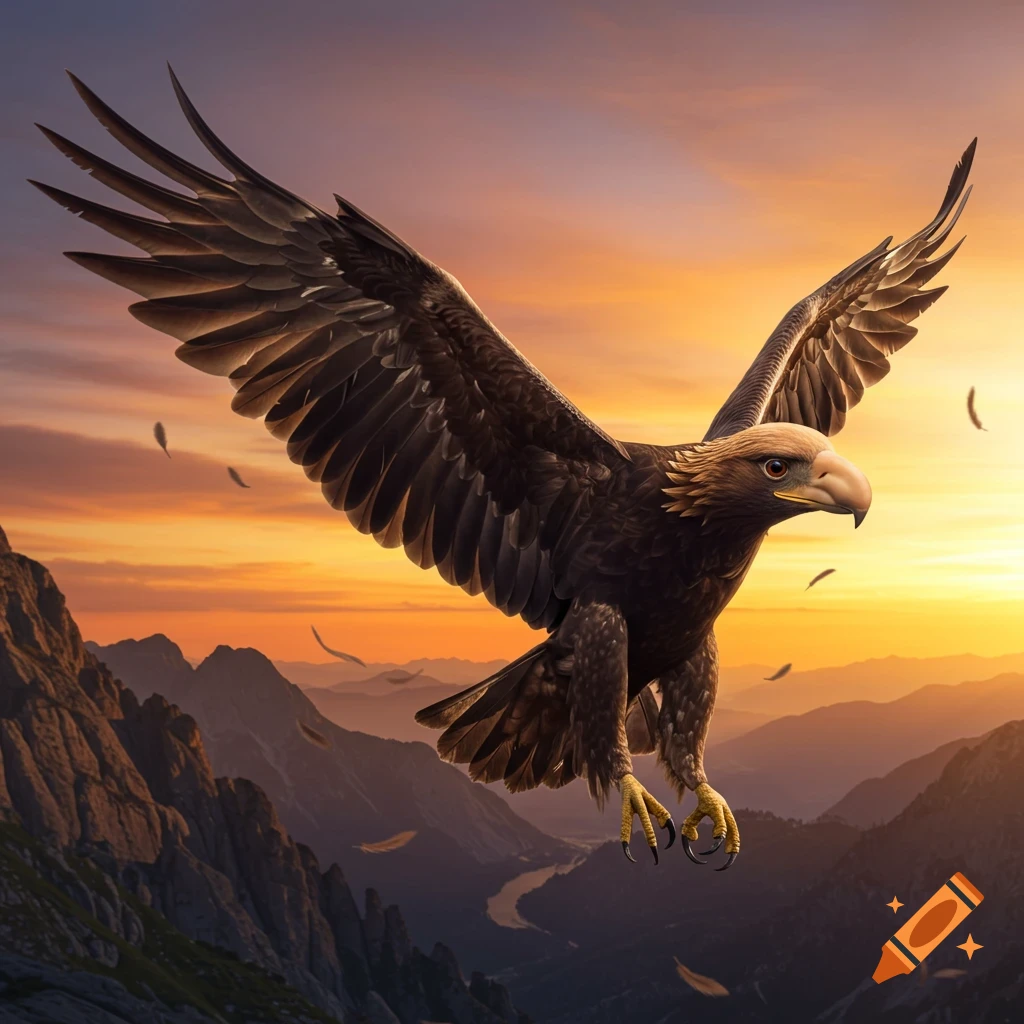 A golden eagle with a human nose flies over a mountain valley at sunset, photorealistic style.