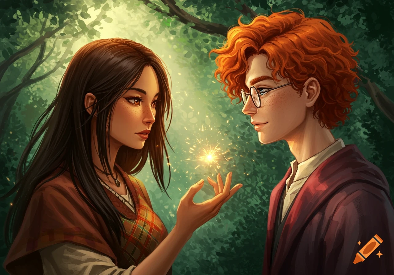 Illustration of a woman with dark hair and a man with red curly hair and glasses looking at a glowing magical spark in a sunlit forest.
