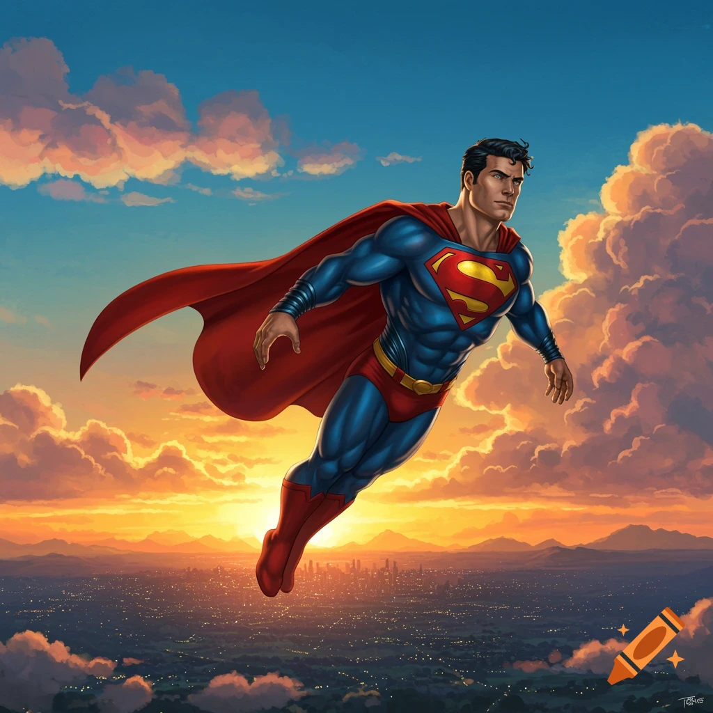 Superman in his blue and red suit flies above a city skyline at sunset, clouds illuminated by the setting sun, comic art style.