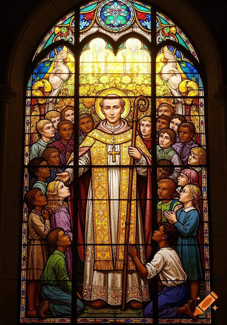 Colorful stained glass window depicting Saint Jean-Baptiste de La Salle, with a staff, surrounded by children looking up at him.
